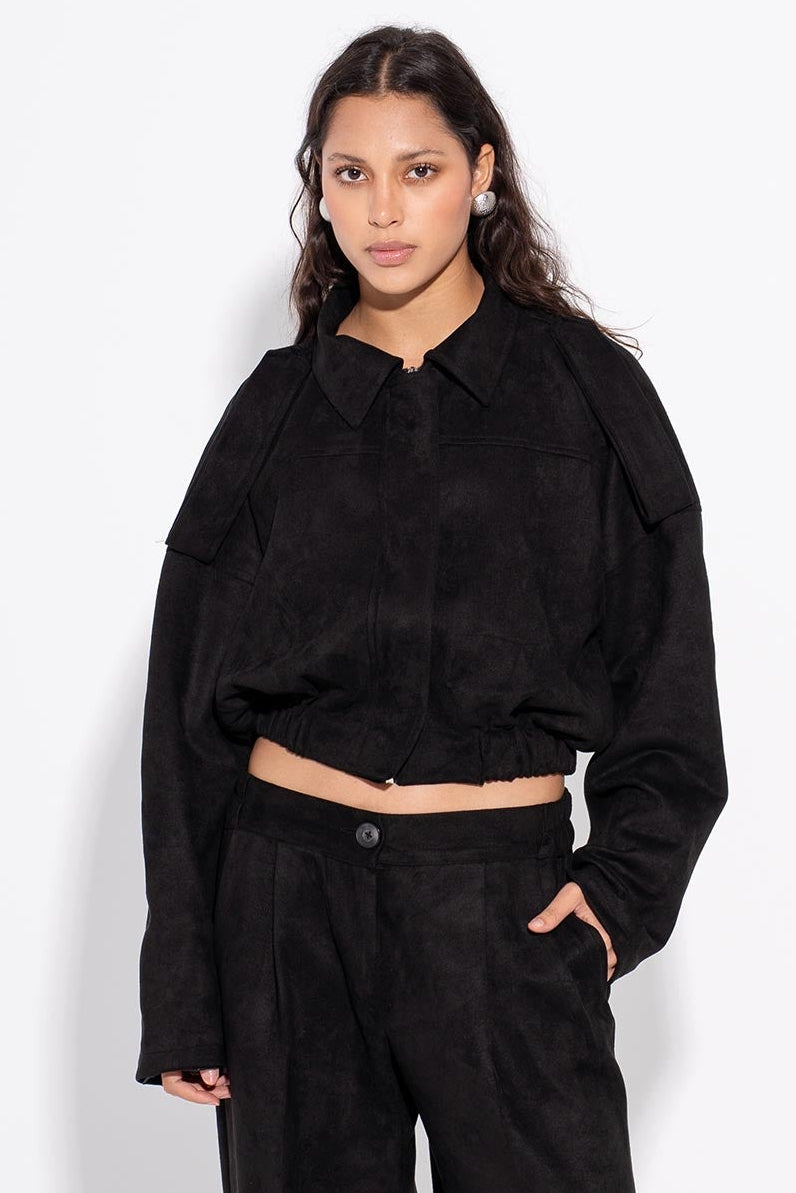 Cropped Suede Jacket - Black