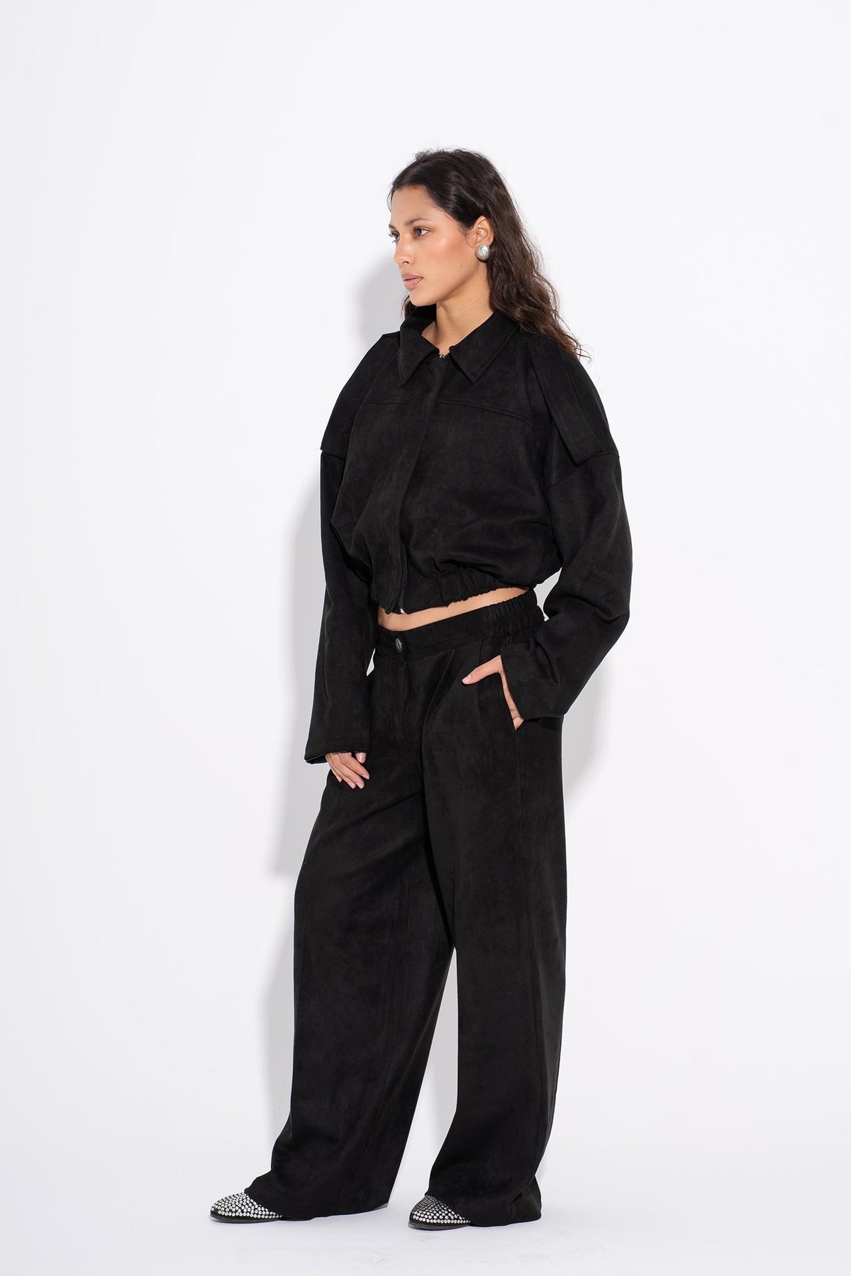 Cropped Suede Jacket - Black