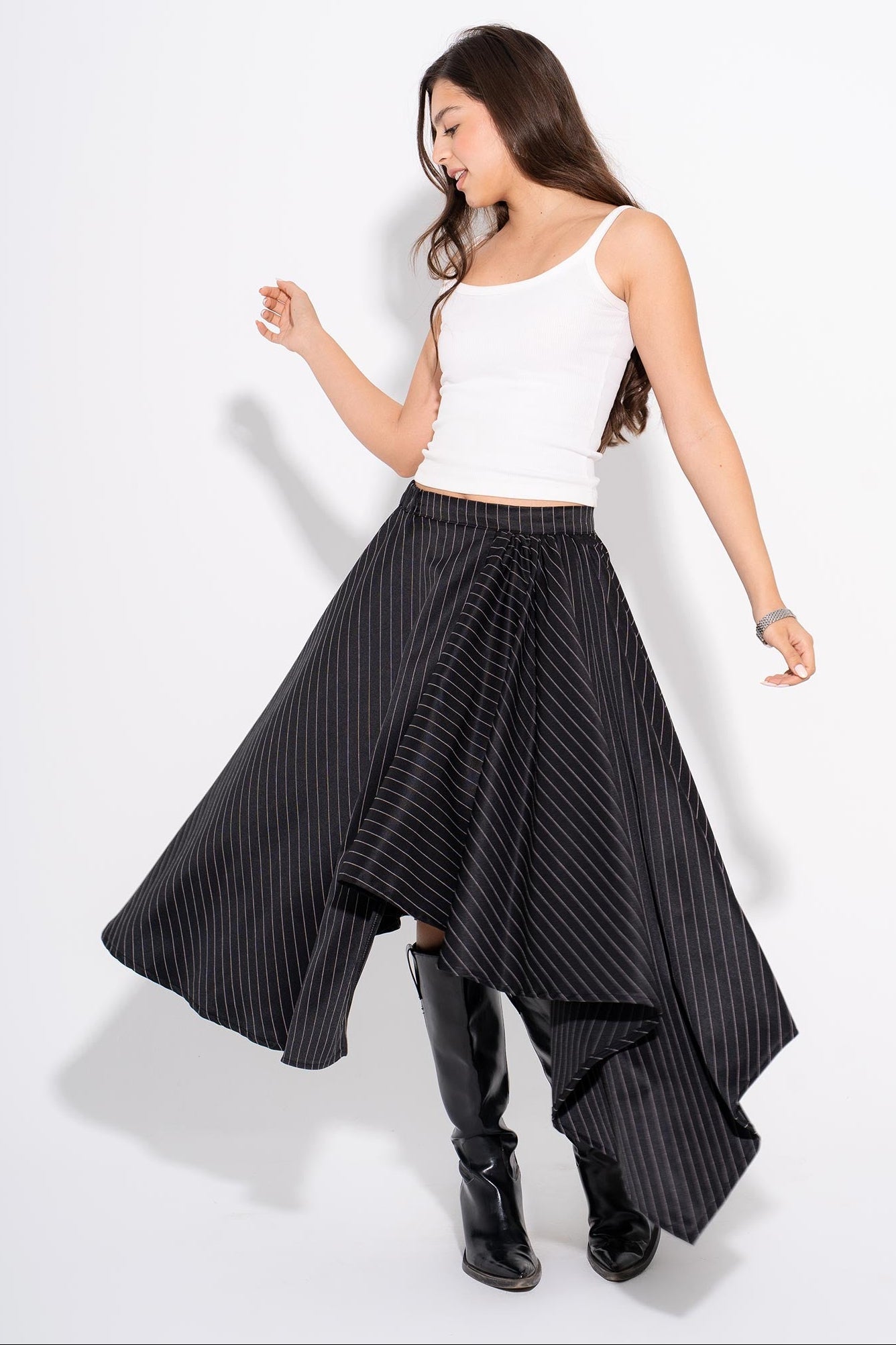 Asymmetrical Pinstripe Skirt - Black