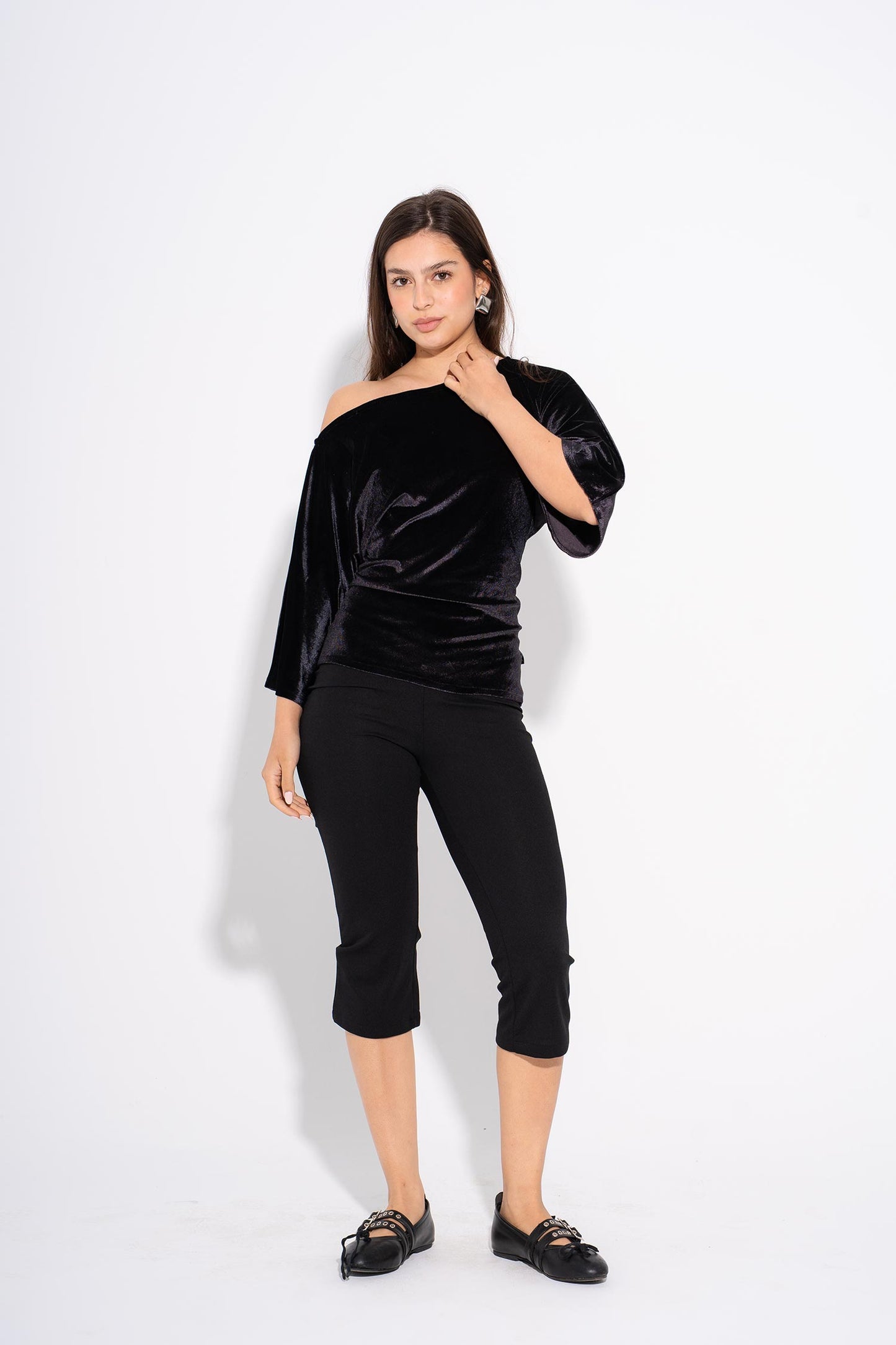 One Shoulder Velvet Top - Black