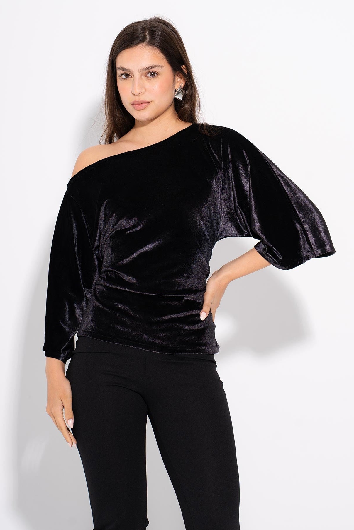 One Shoulder Velvet Top - Black