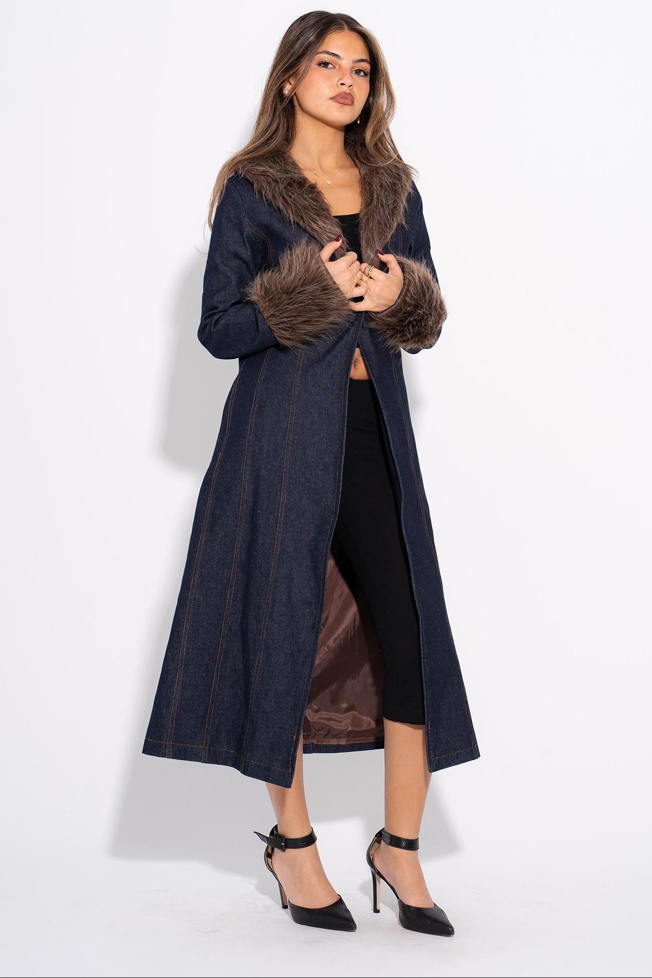 Denim Fur Coat - Brown