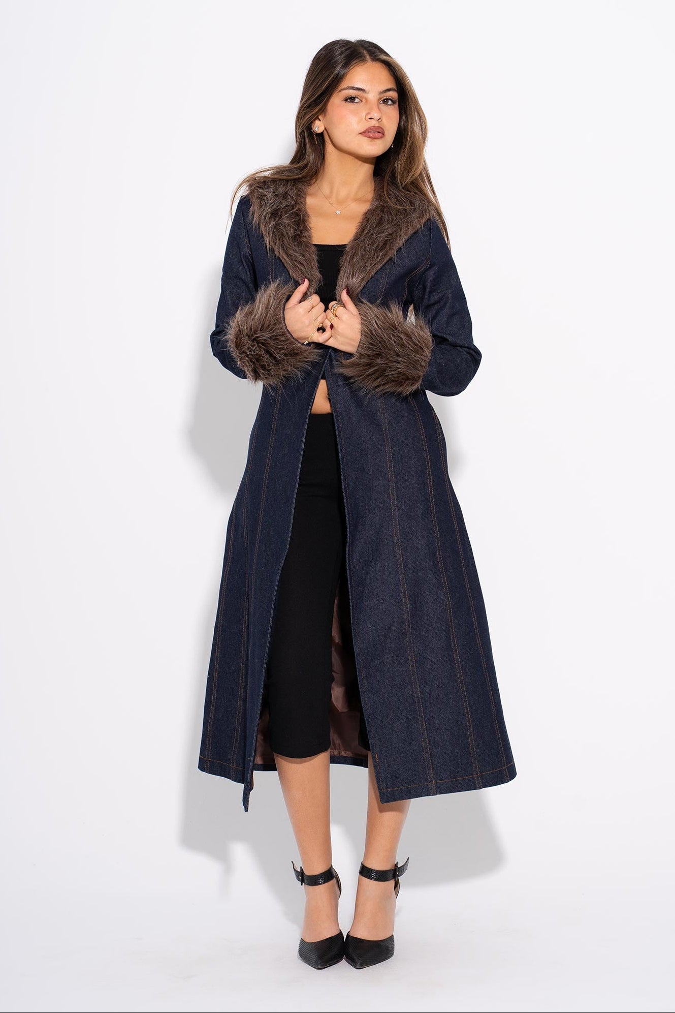 Denim Fur Coat - Brown