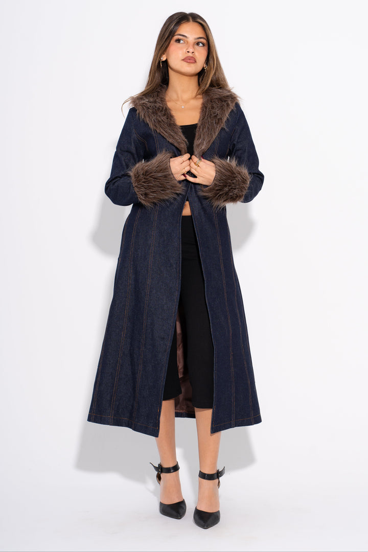 Denim Fur Coat - Brown