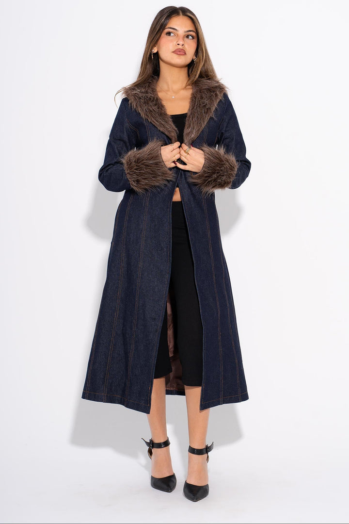 Denim Fur Coat - Brown