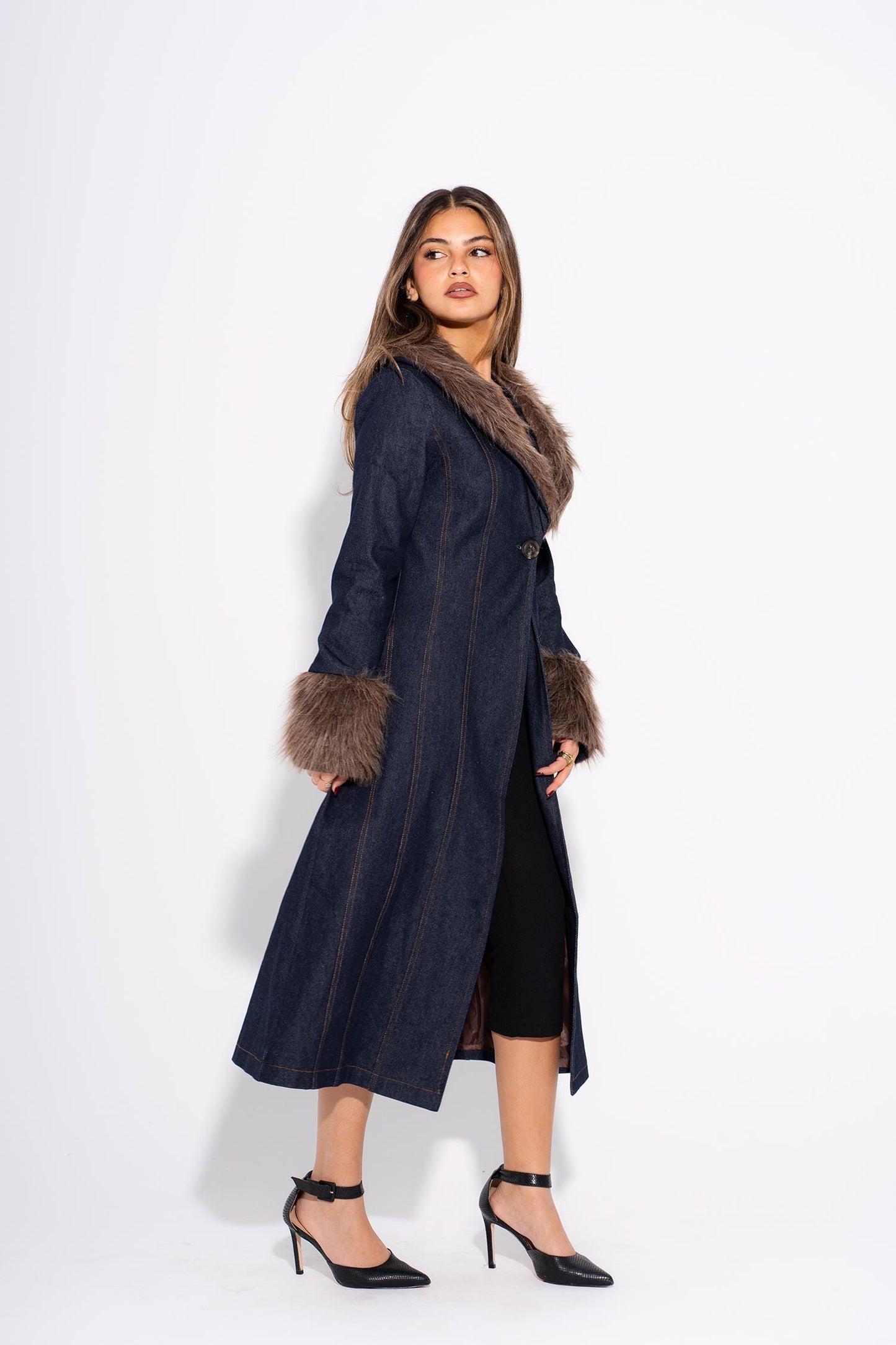 Denim Fur Coat - Brown