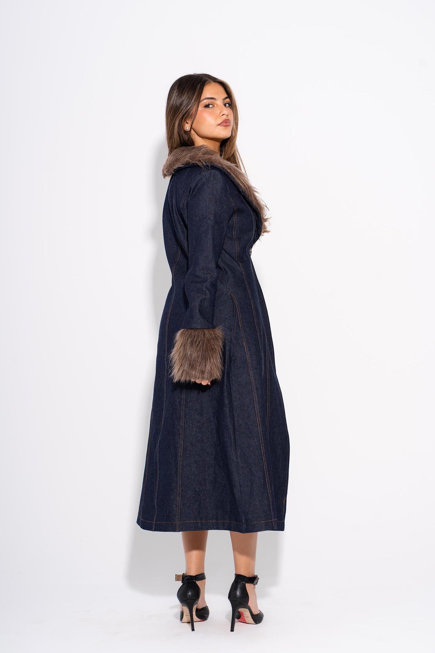 Denim Fur Coat - Brown