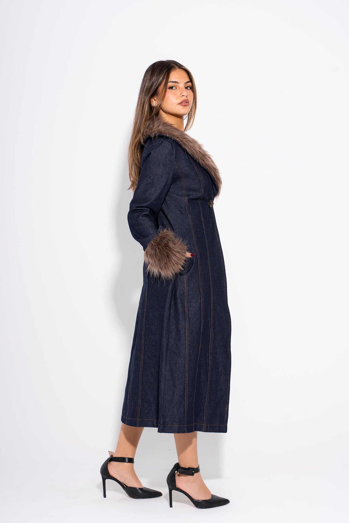 Denim Fur Coat - Brown