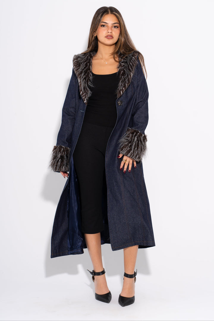 Denim Fur Coat - Black
