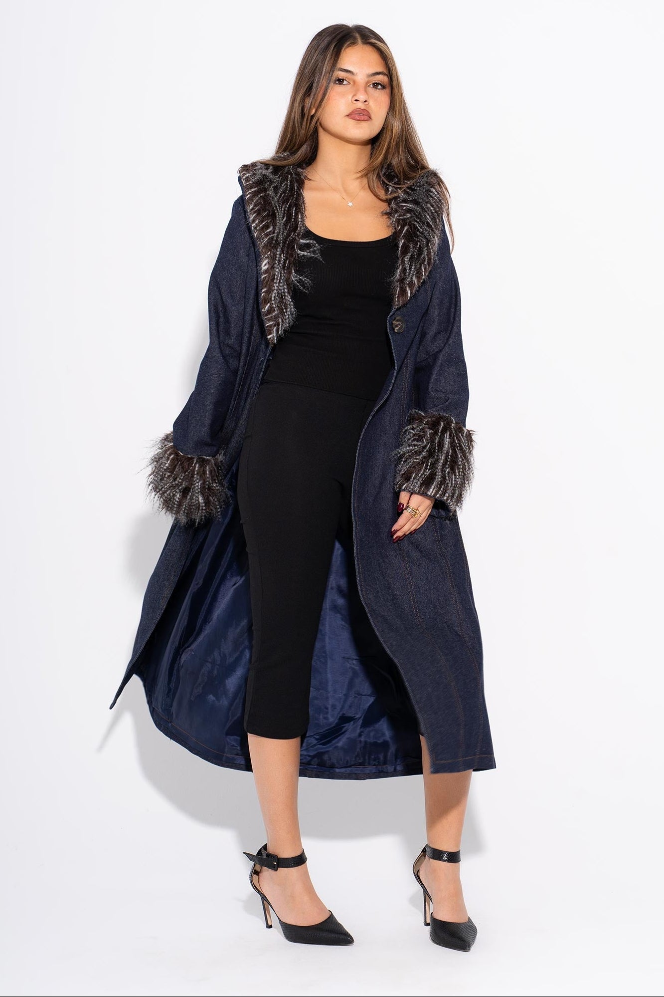 Denim Fur Coat - Black