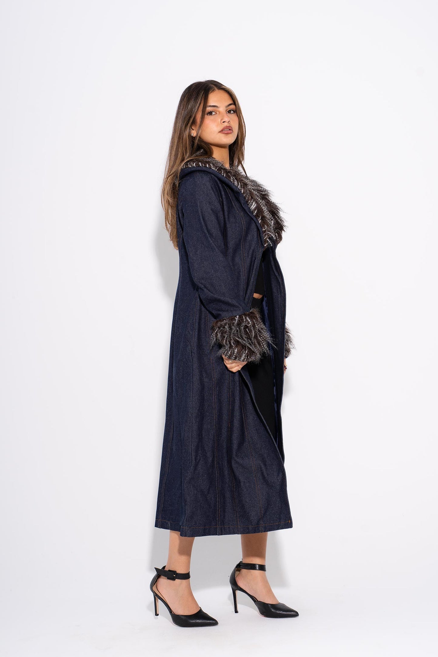 Denim Fur Coat - Black