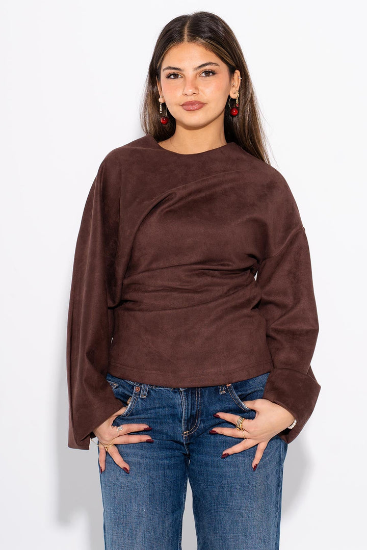 Suede Draped Top - Brown