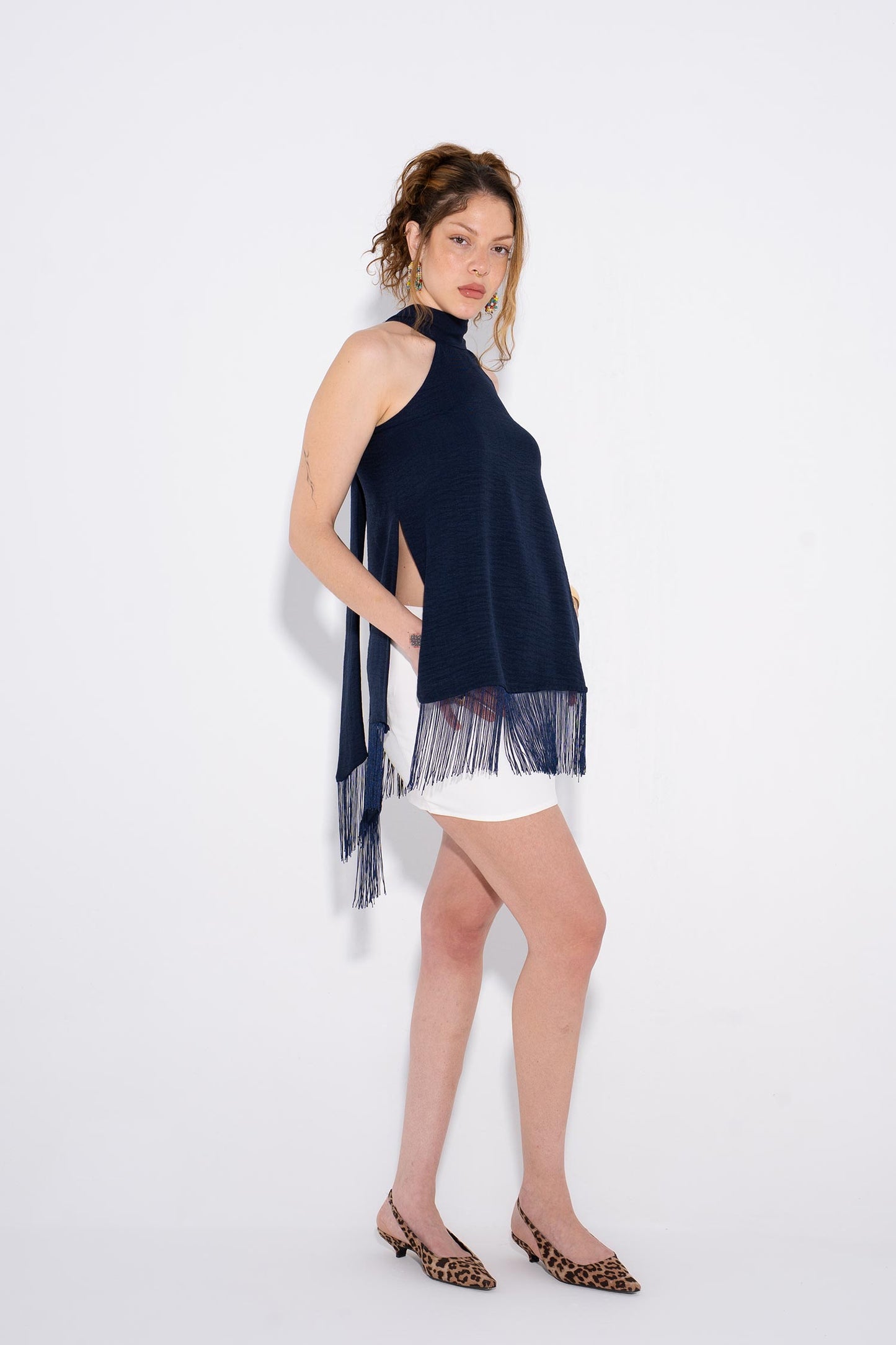 Halter Fringe Top - Navy