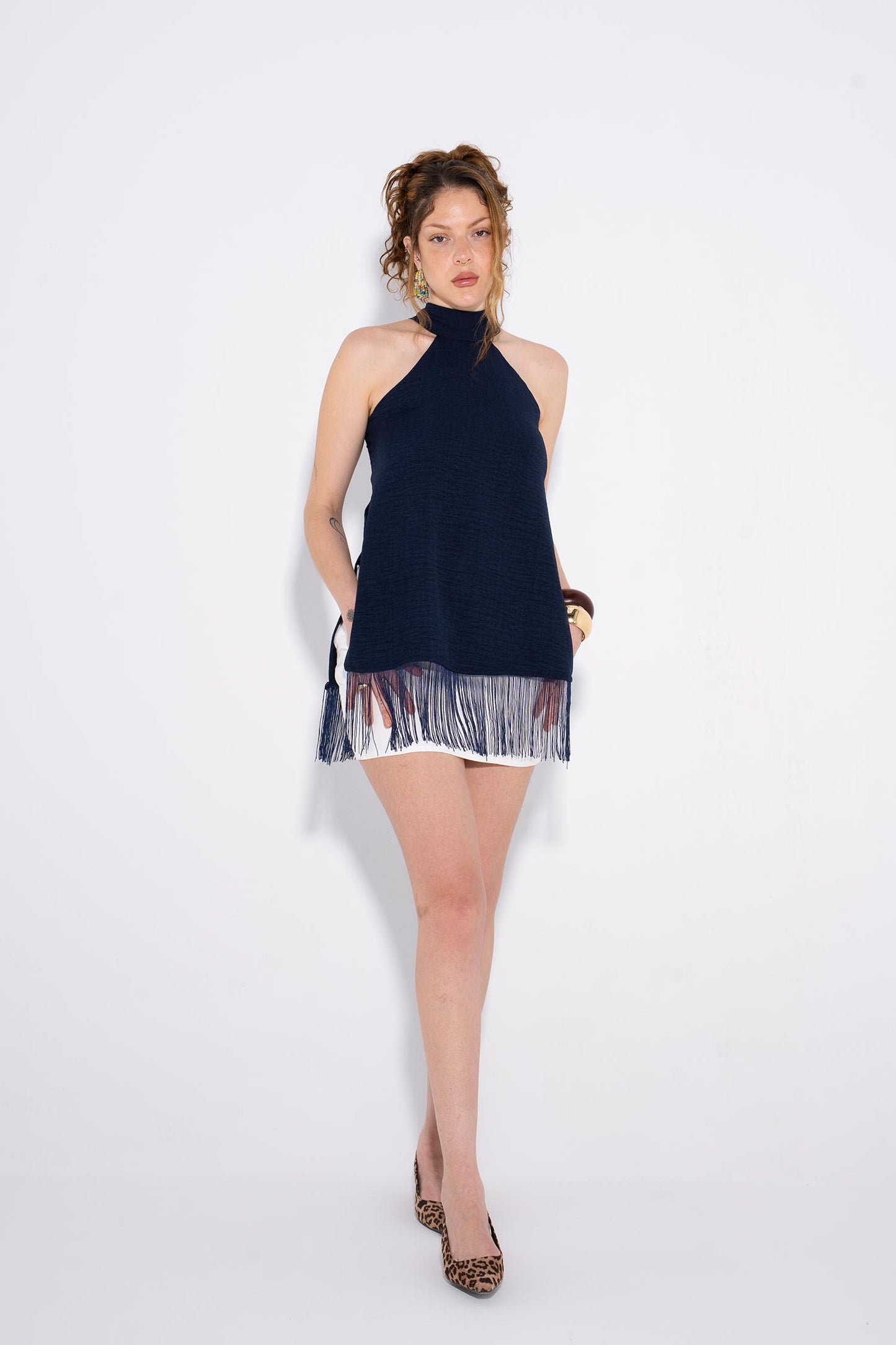 Halter Fringe Top - Navy