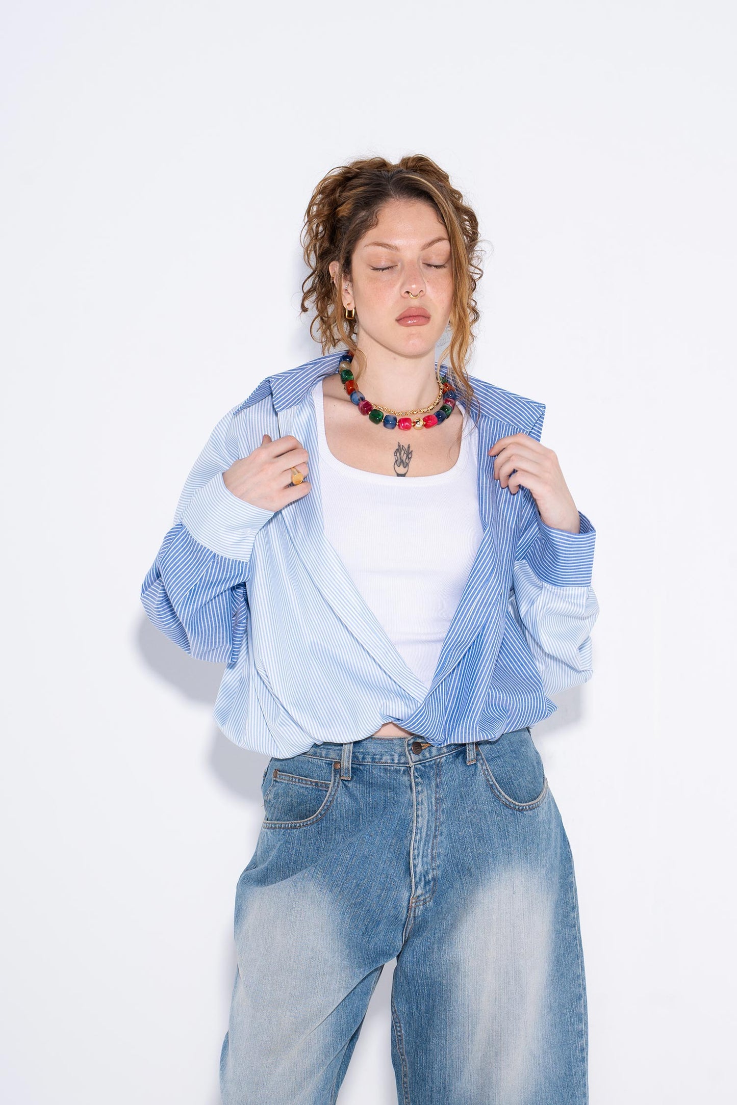Patchwork Oversized Shirt - Blue
