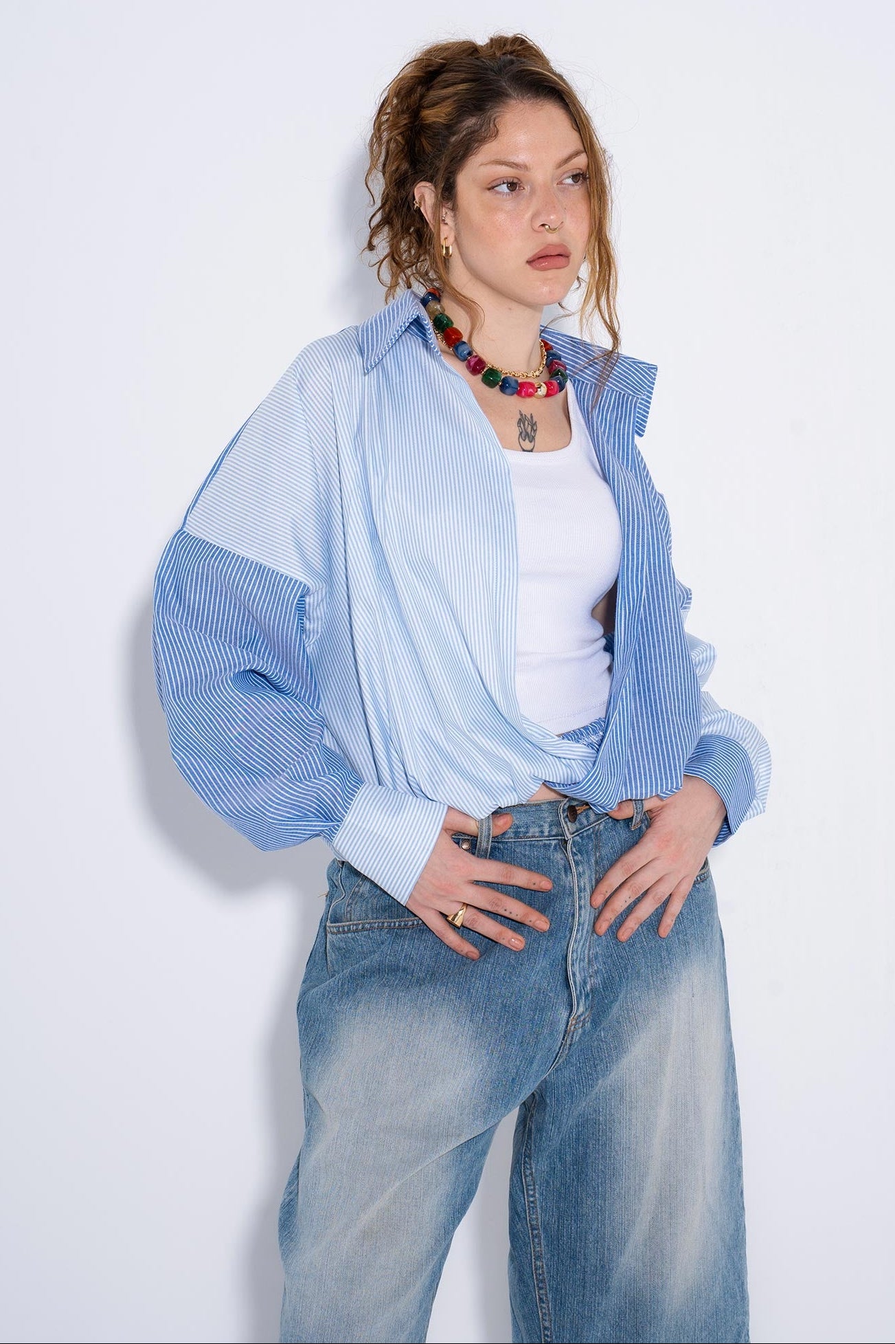 Patchwork Oversized Shirt - Blue