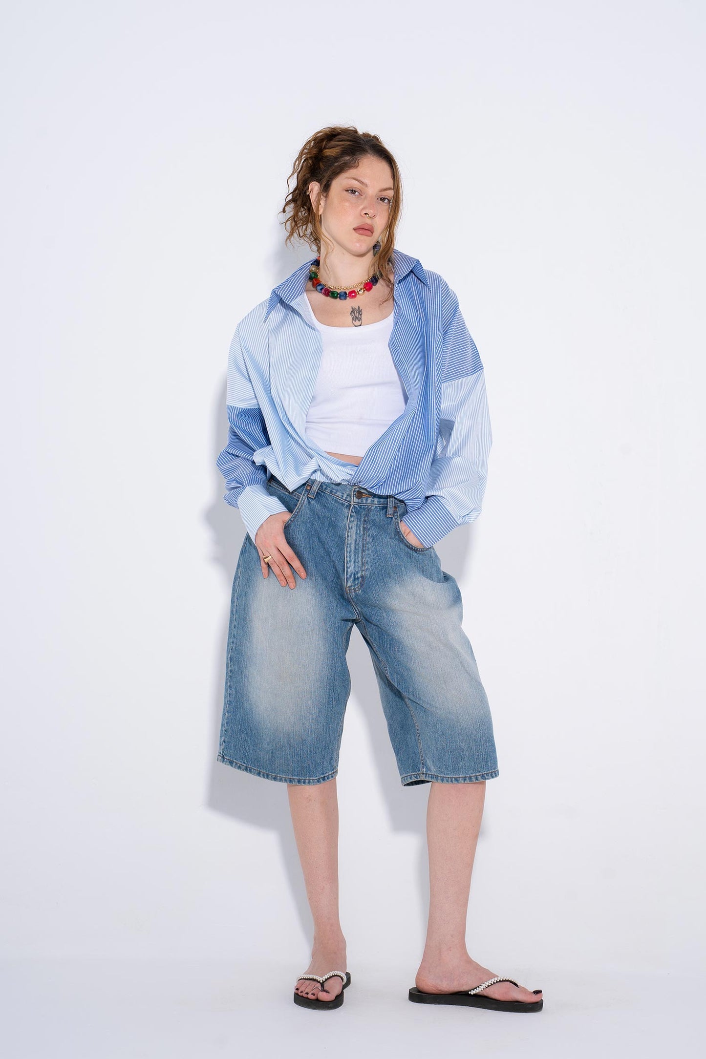 Patchwork Oversized Shirt - Blue