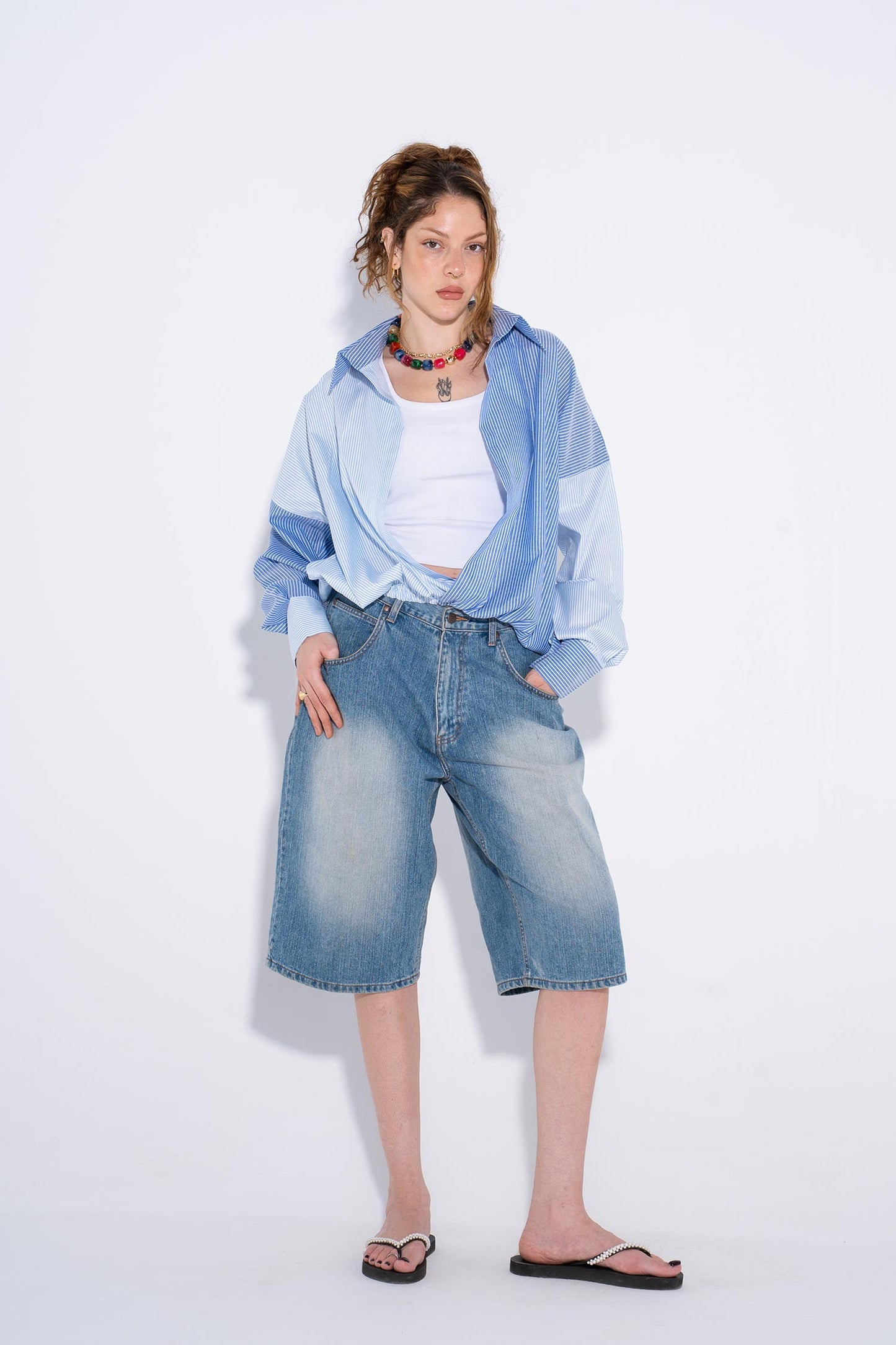 Patchwork Oversized Shirt - Blue