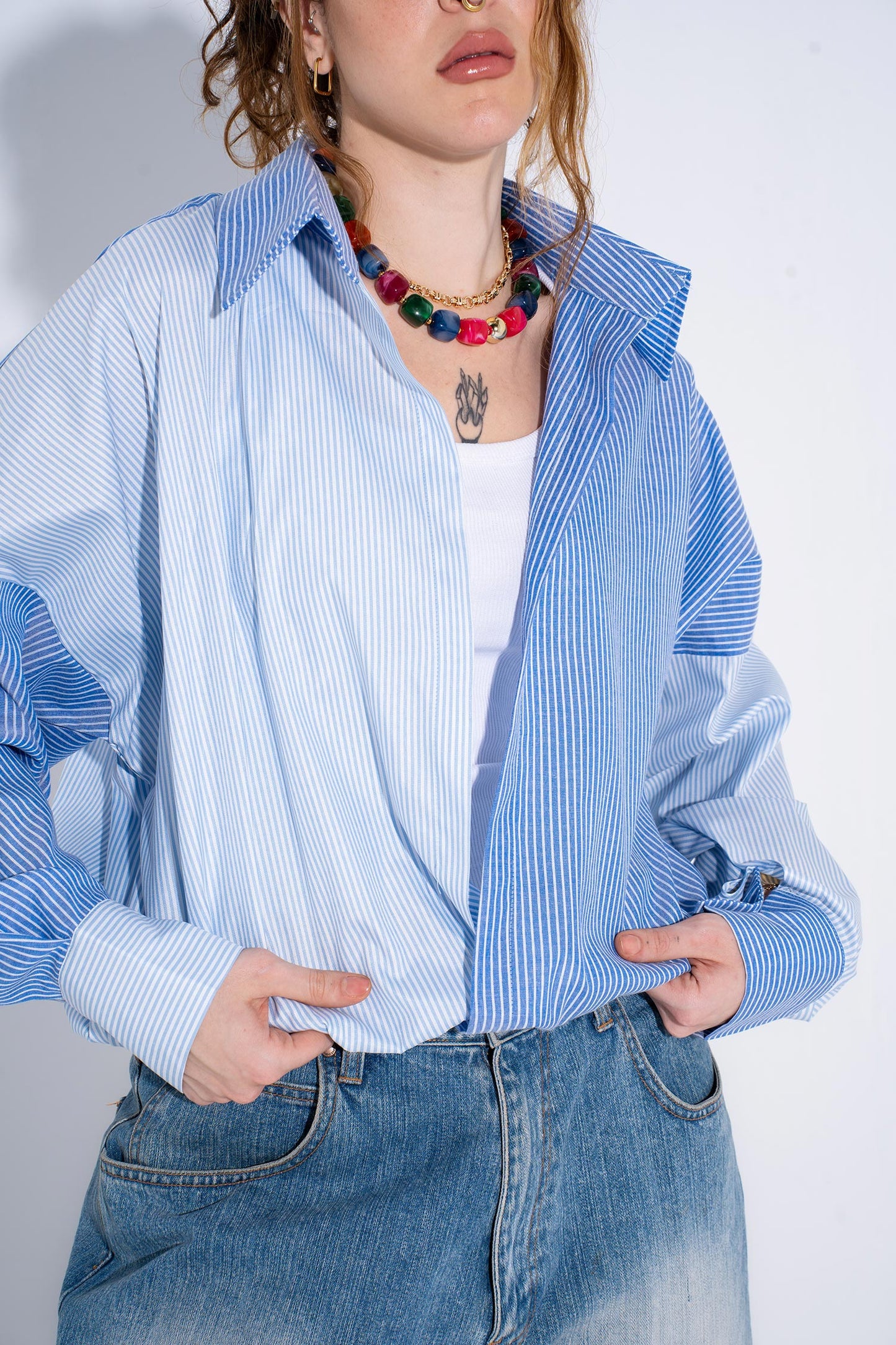 Patchwork Oversized Shirt - Blue