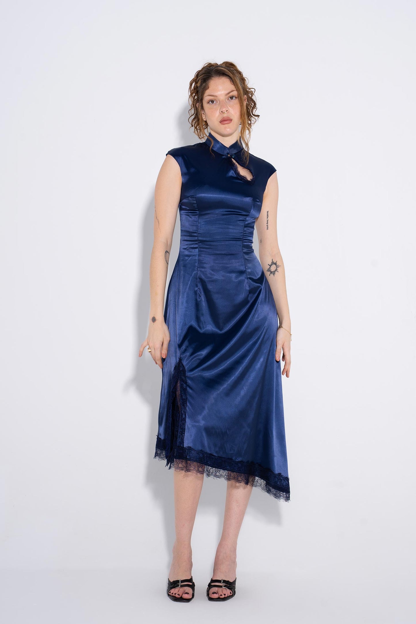 Chinese Satin Dress - Navy