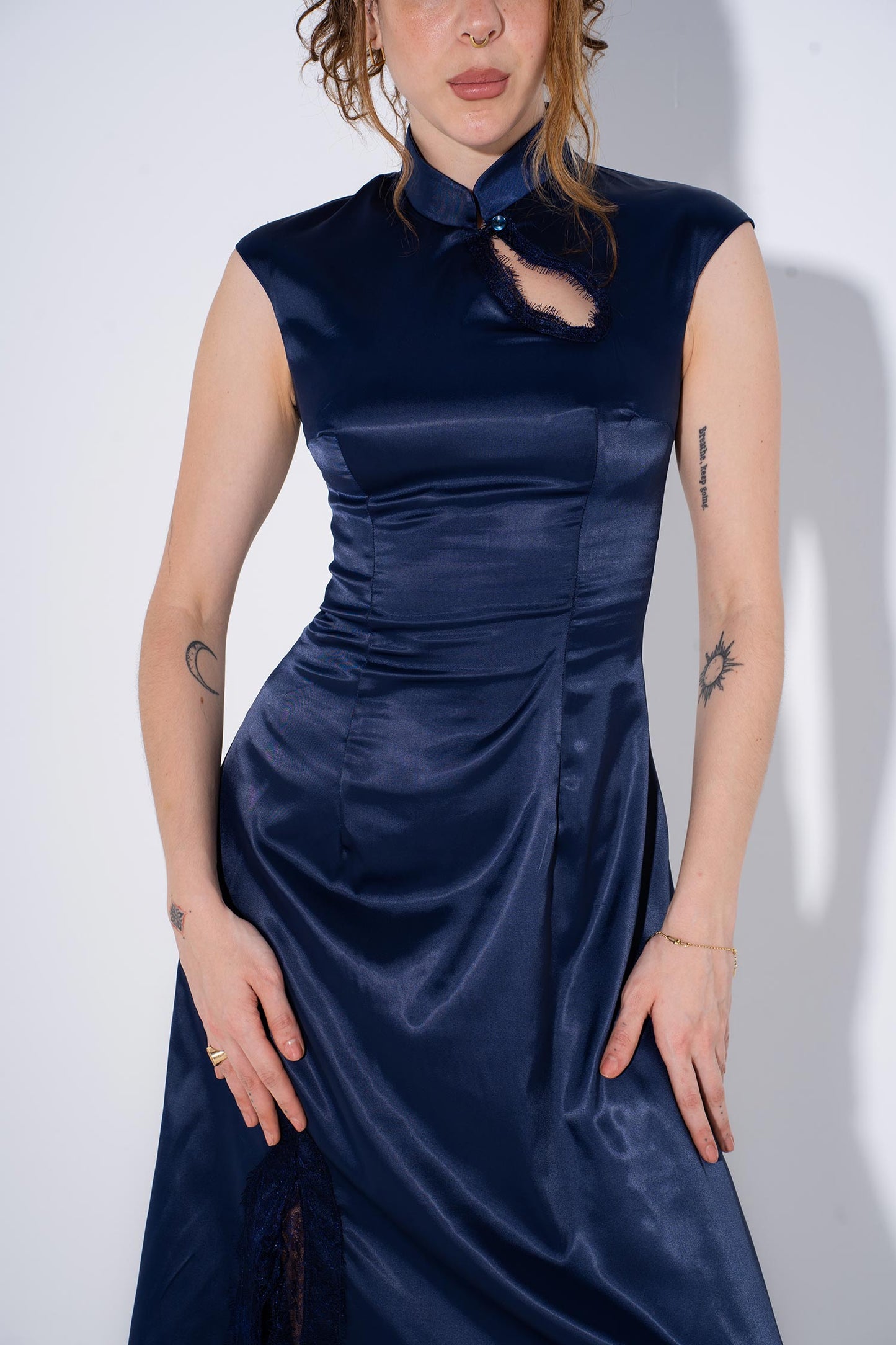 Chinese Satin Dress - Navy