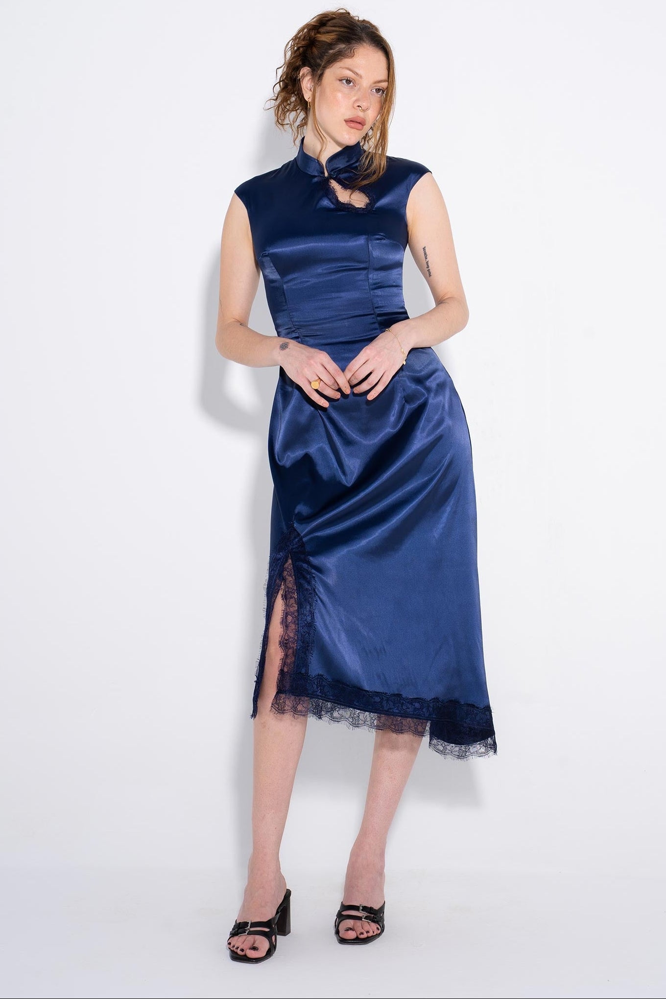 Chinese Satin Dress - Navy