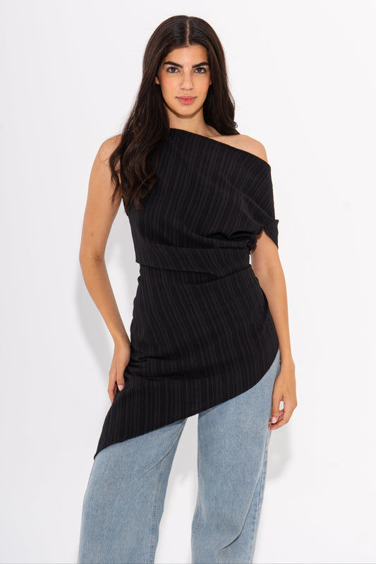 One-Shoulder Linen Top - Black