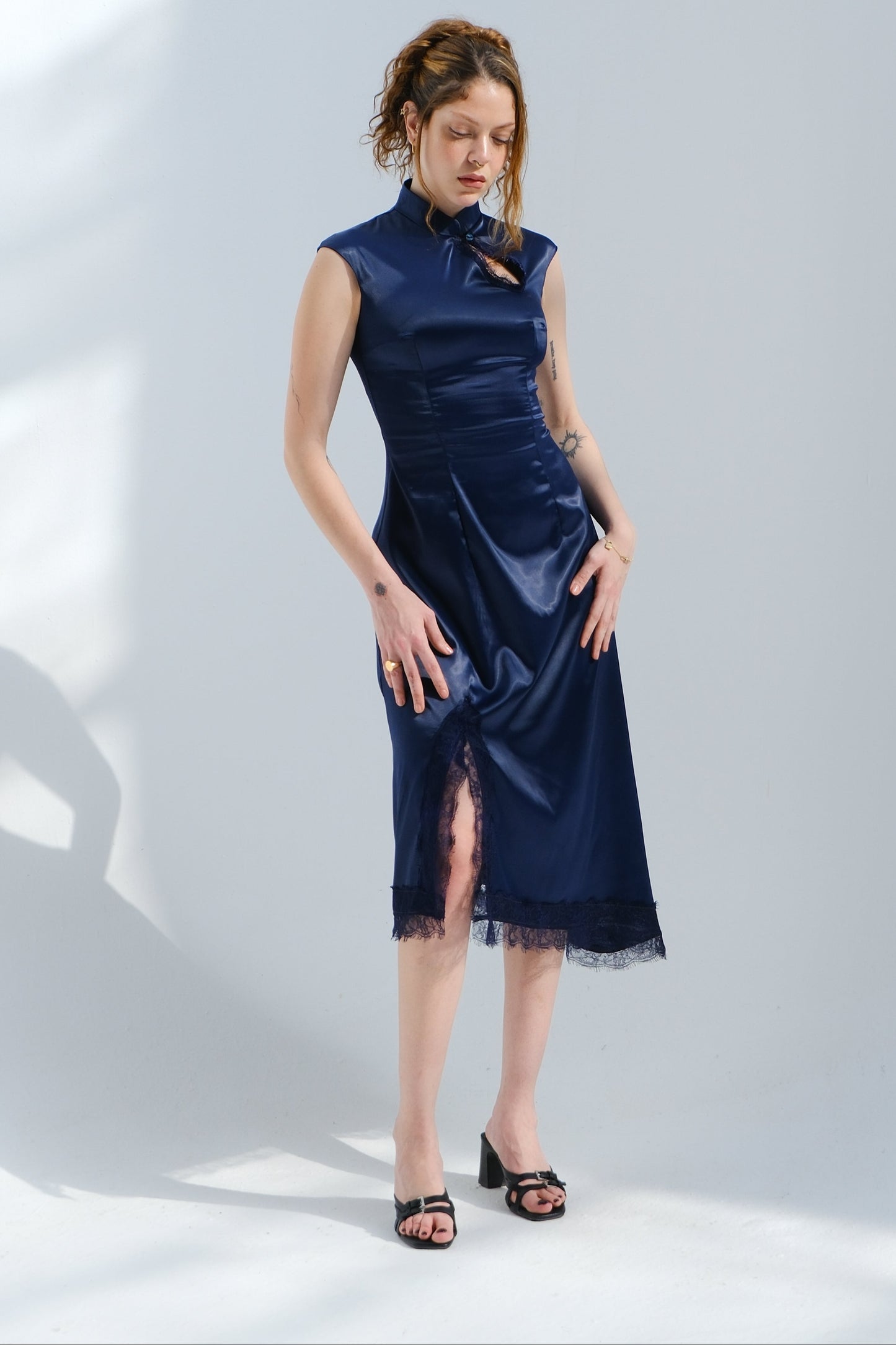 Chinese Satin Dress - Navy