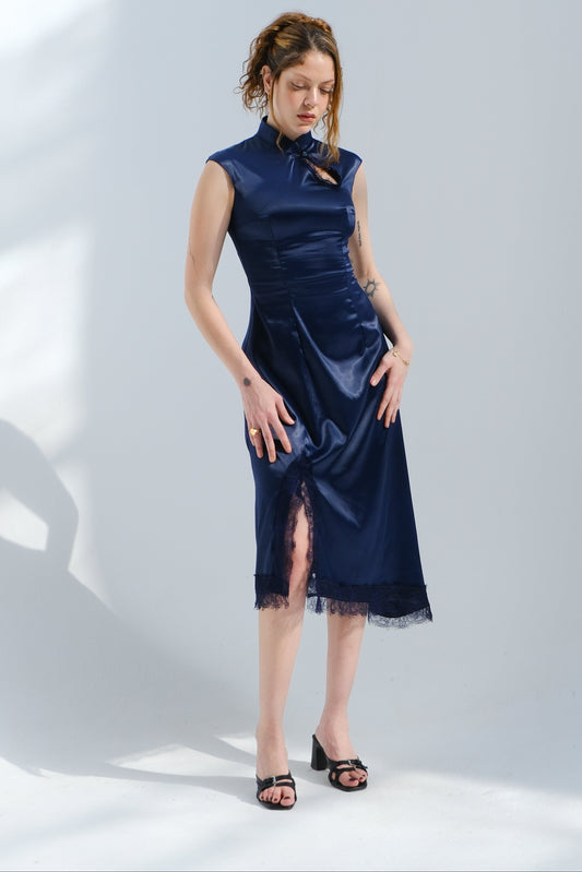 Chinese Satin Dress - Navy