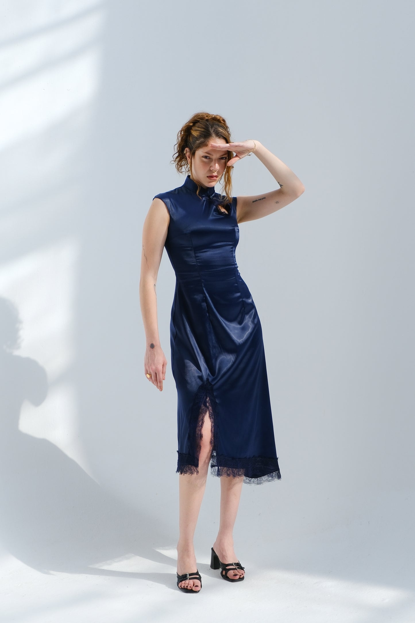 Chinese Satin Dress - Navy
