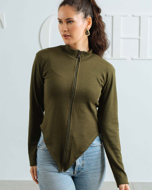 V Sweater With Zipper - Olive