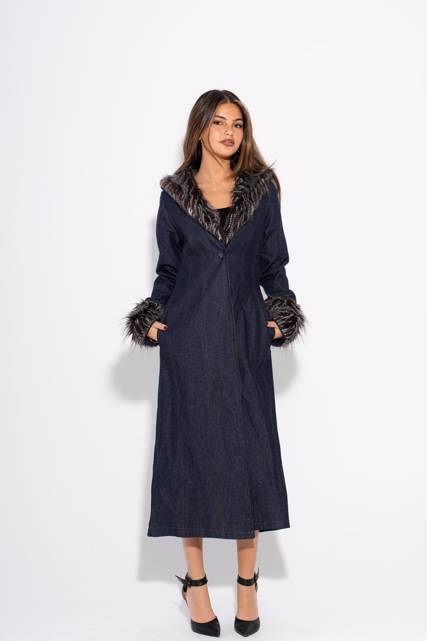 Denim Fur Coat - Black