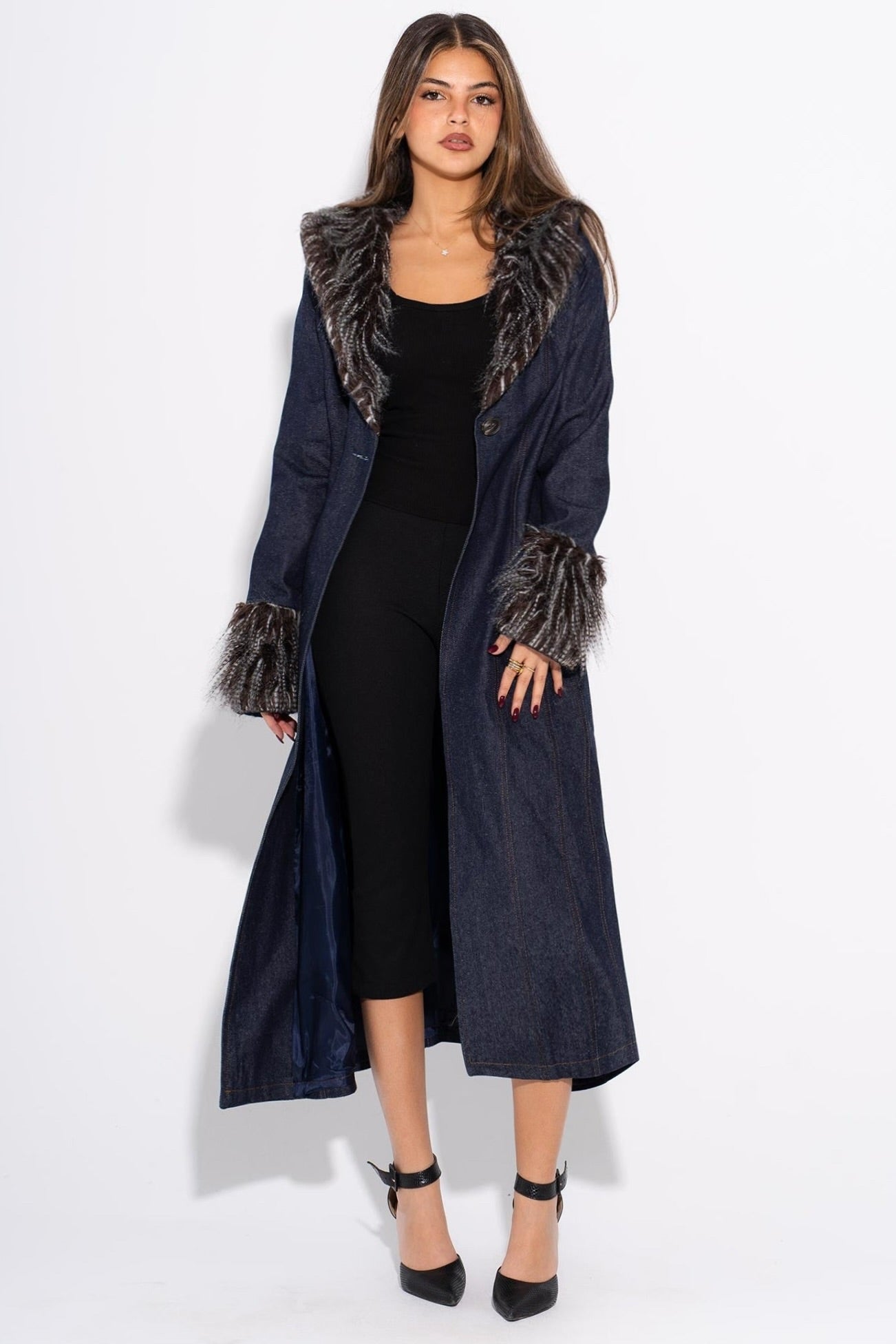 Denim Fur Coat - Black