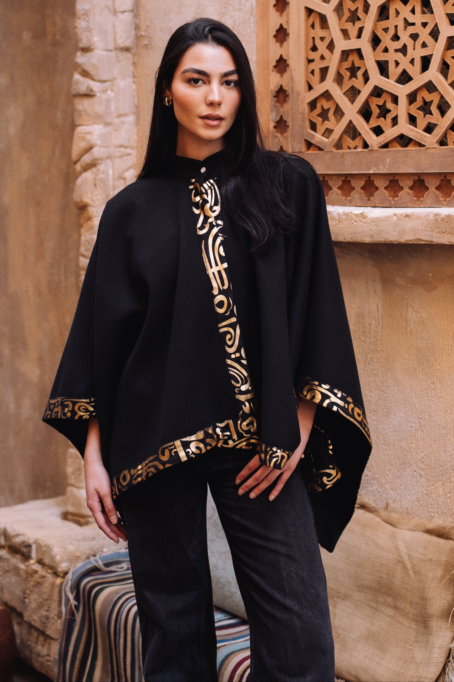 Gokh poncho with Arabic Trim - Black