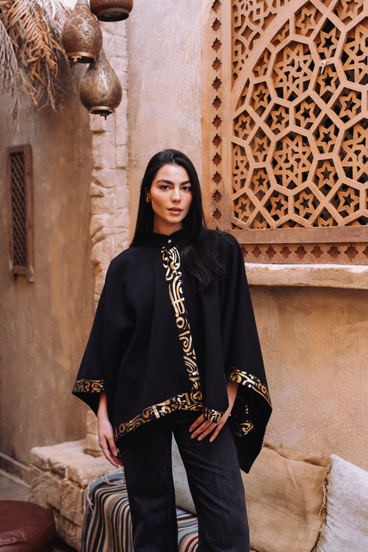 Gokh poncho with Arabic Trim - Black