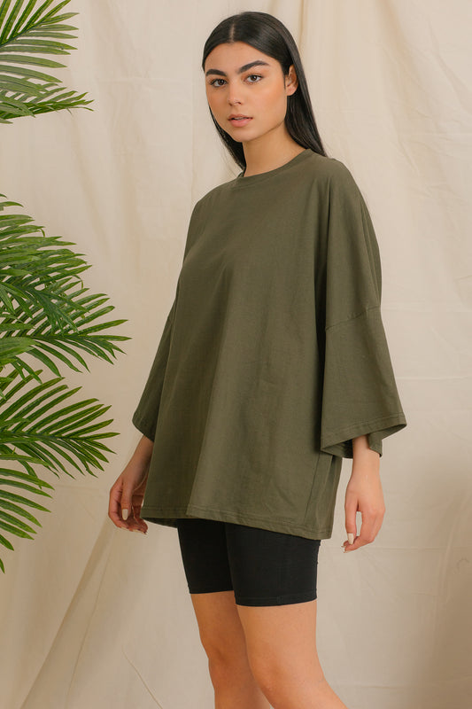 T-Shirt - Oversized - 2/3 Bell Sleeves-Olive