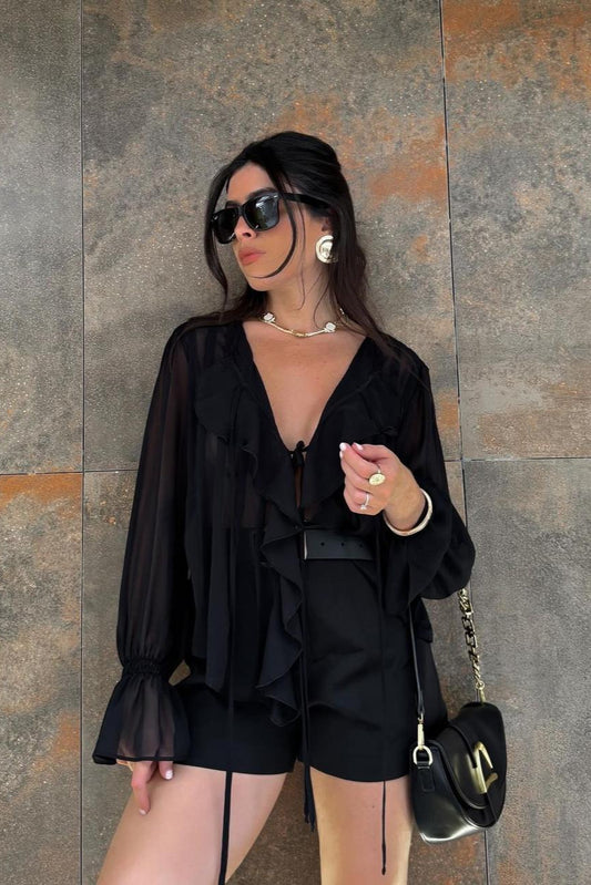 Ruffle Tie-Front Top - Black